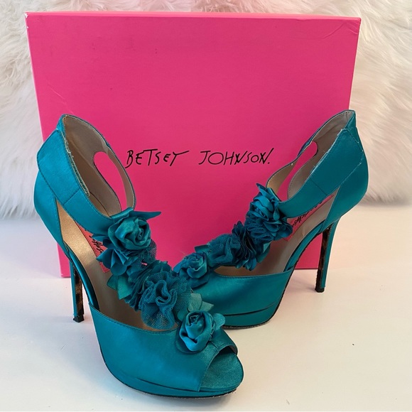 Betsey Johnson Shoes - Betsey Johnson Florely Satin Teal Blue Green Heels Evening Stilettos Sz 8 Floral